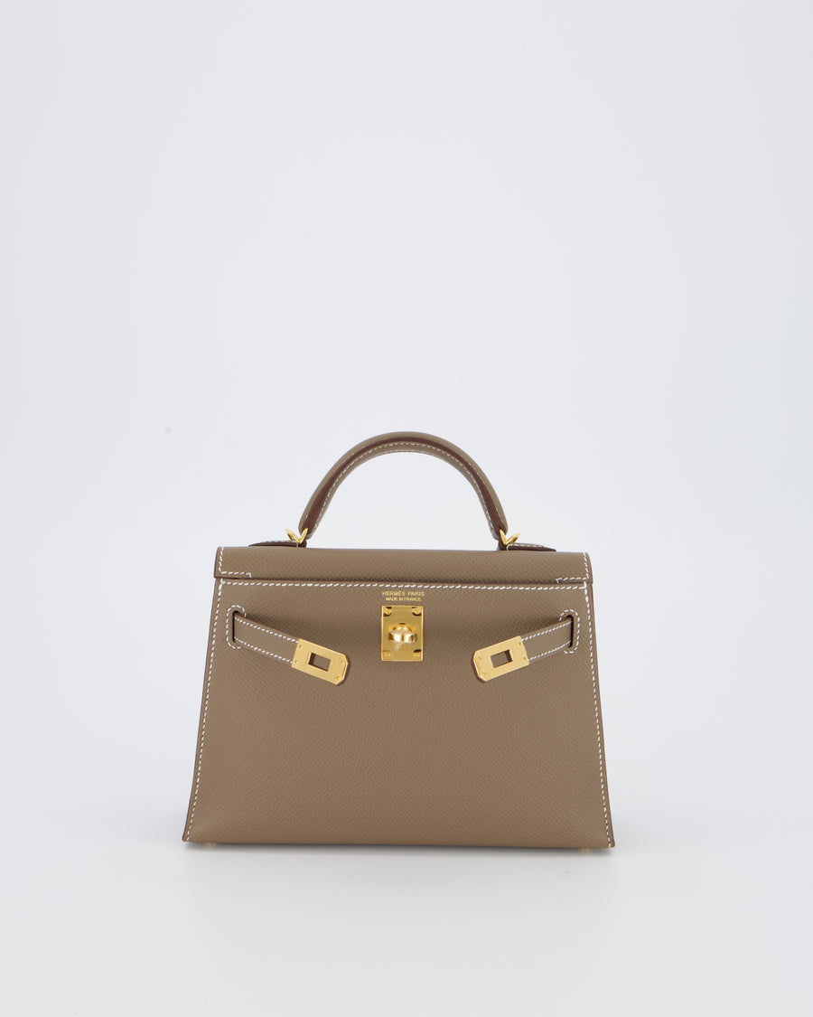 *HOT* Hermès Mini Kelly II 20 Bag in Etoupe Epsom Leather with Gold Hardware