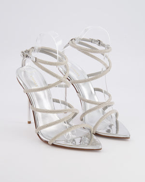 Le Silla Silver Metallic Heeled Sandals with Crystal Embellished Straps Size EU 38.5