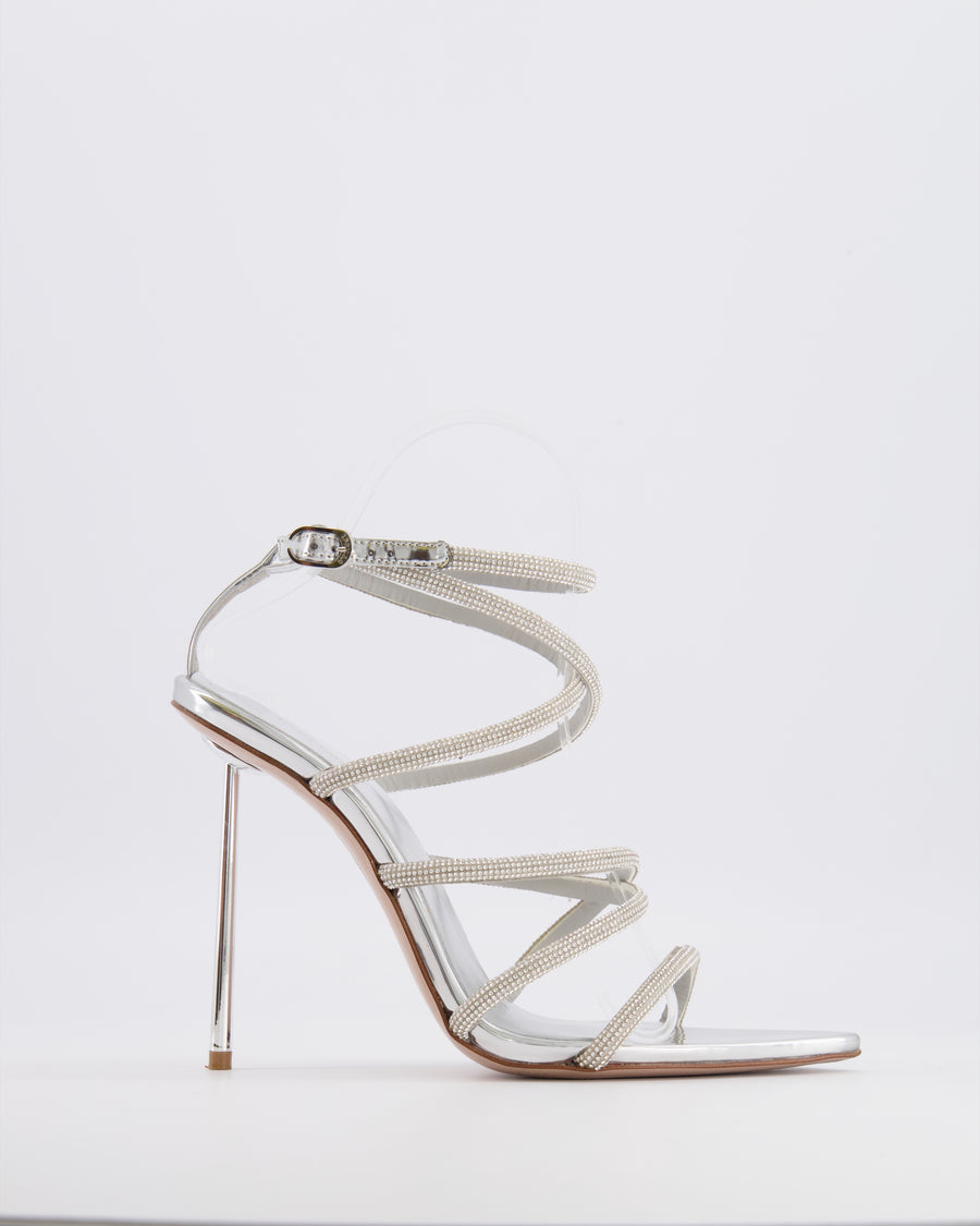 Le Silla Silver Metallic Heeled Sandals with Crystal Embellished Straps Size EU 38.5