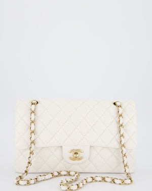 Chanel White Medium Classic Double Flap Bag in Caviar Leather with Champagne Gold Hardware