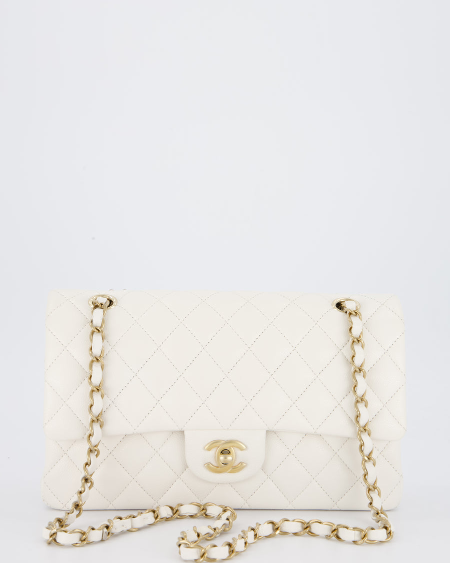 Chanel White Medium Classic Double Flap Bag in Caviar Leather with Champagne Gold Hardware