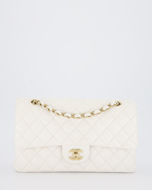 Chanel White Medium Classic Double Flap Bag in Caviar Leather with Champagne Gold Hardware