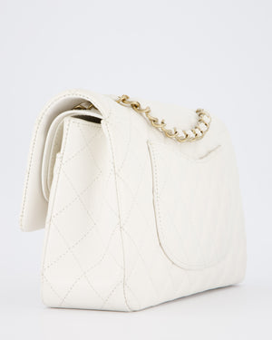Chanel White Medium Classic Double Flap Bag in Caviar Leather with Champagne Gold Hardware