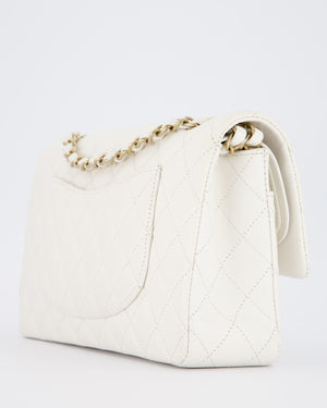 Chanel White Medium Classic Double Flap Bag in Caviar Leather with Champagne Gold Hardware