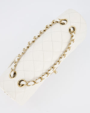 Chanel White Medium Classic Double Flap Bag in Caviar Leather with Champagne Gold Hardware