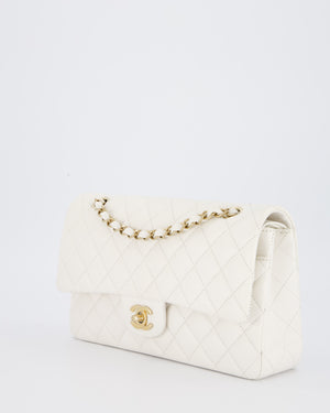 Chanel White Medium Classic Double Flap Bag in Caviar Leather with Champagne Gold Hardware