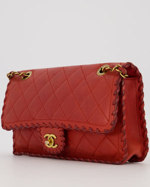 Chanel Red Medium Happy Stitch Leather Flap Bag with Braided Edge Detail Lambskin Leather and Brushed Gold Hardware