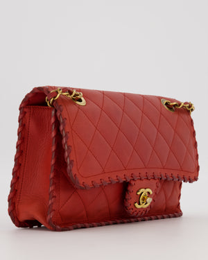 Chanel Red Medium Happy Stitch Leather Flap Bag with Braided Edge Detail Lambskin Leather and Brushed Gold Hardware