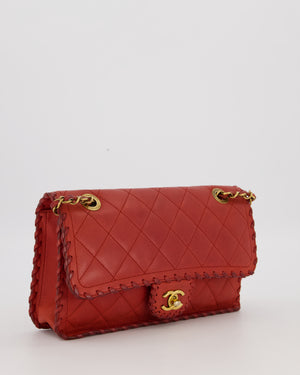 Chanel Red Medium Happy Stitch Leather Flap Bag with Braided Edge Detail Lambskin Leather and Brushed Gold Hardware