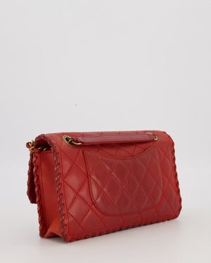 Chanel Red Medium Happy Stitch Leather Flap Bag with Braided Edge Detail Lambskin Leather and Brushed Gold Hardware