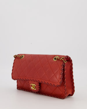 Chanel Red Medium Happy Stitch Leather Flap Bag with Braided Edge Detail Lambskin Leather and Brushed Gold Hardware