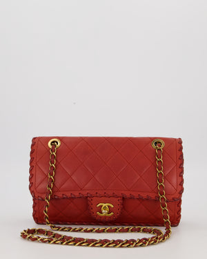 Chanel Red Medium Happy Stitch Leather Flap Bag with Braided Edge Detail Lambskin Leather and Brushed Gold Hardware