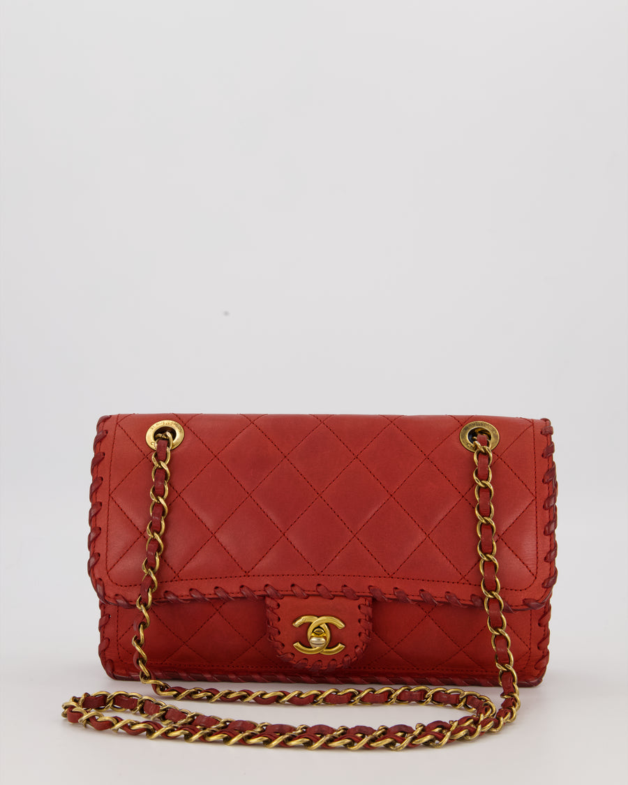 Chanel Red Medium Happy Stitch Leather Flap Bag with Braided Edge Detail Lambskin Leather and Brushed Gold Hardware