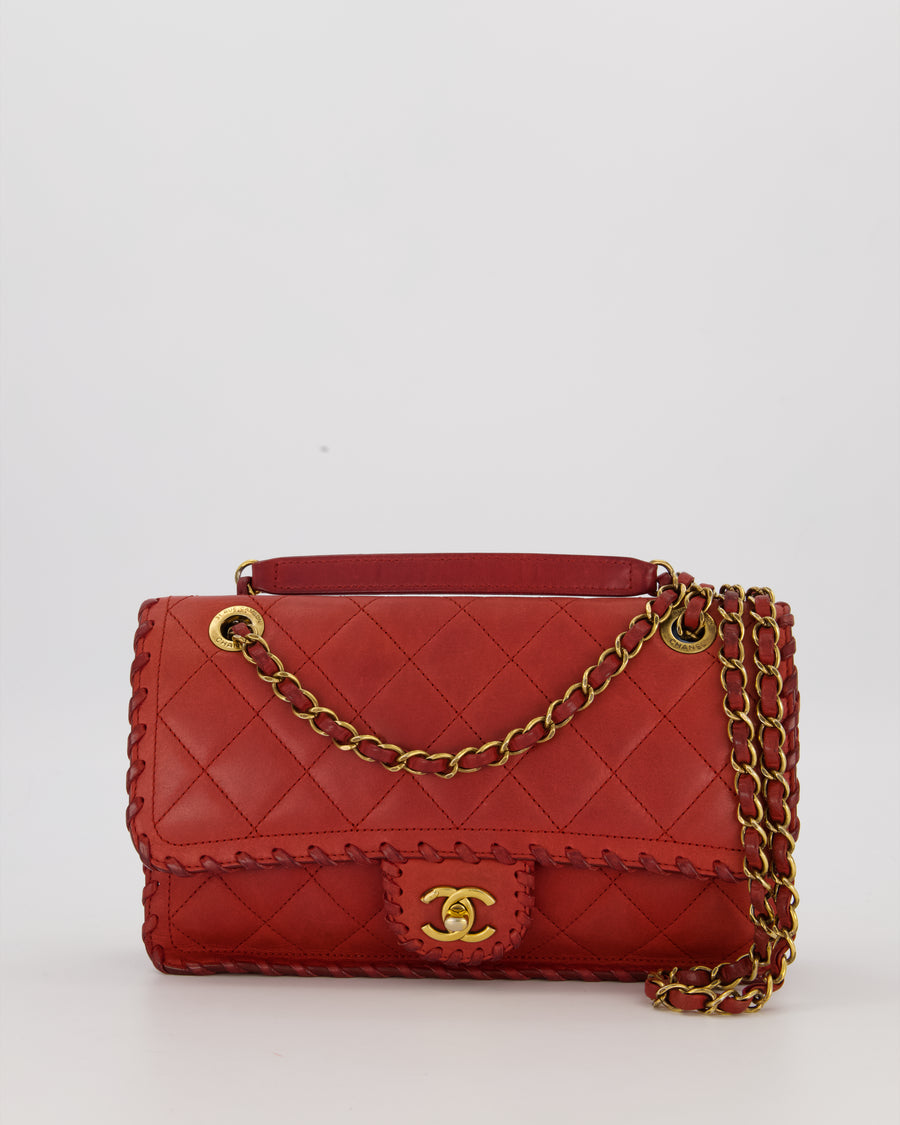 Chanel Red Medium Happy Stitch Leather Flap Bag with Braided Edge Detail Lambskin Leather and Brushed Gold Hardware