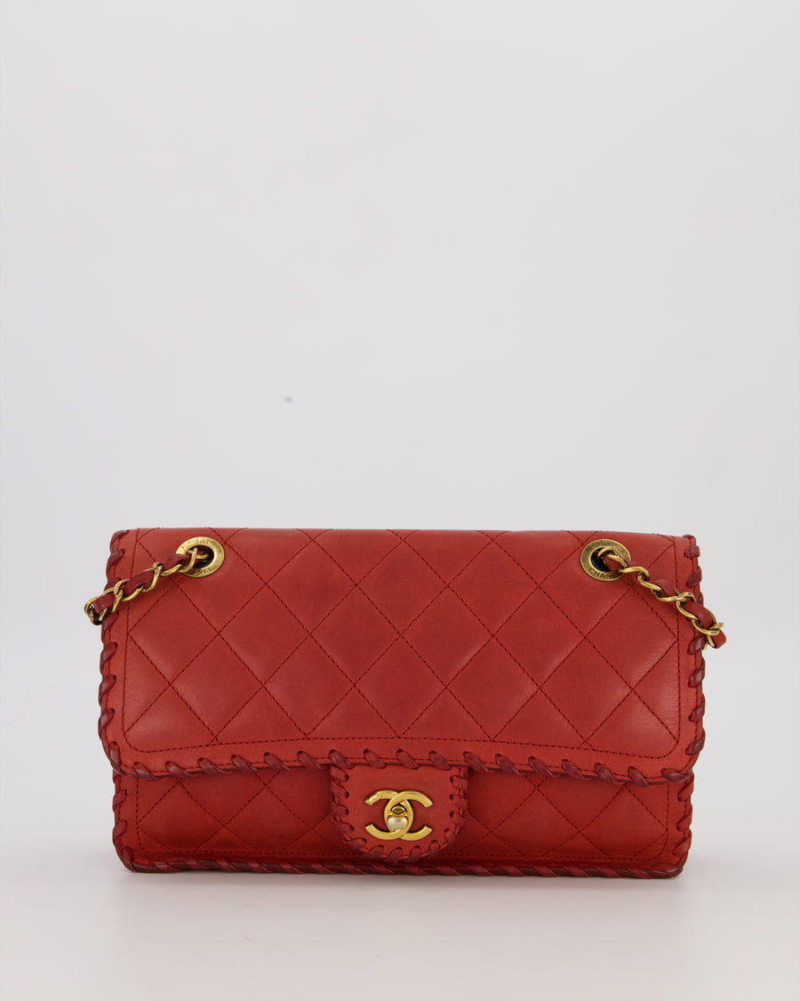 Chanel Red Medium Happy Stitch Leather Flap Bag with Braided Edge Detail Lambskin Leather and Brushed Gold Hardware