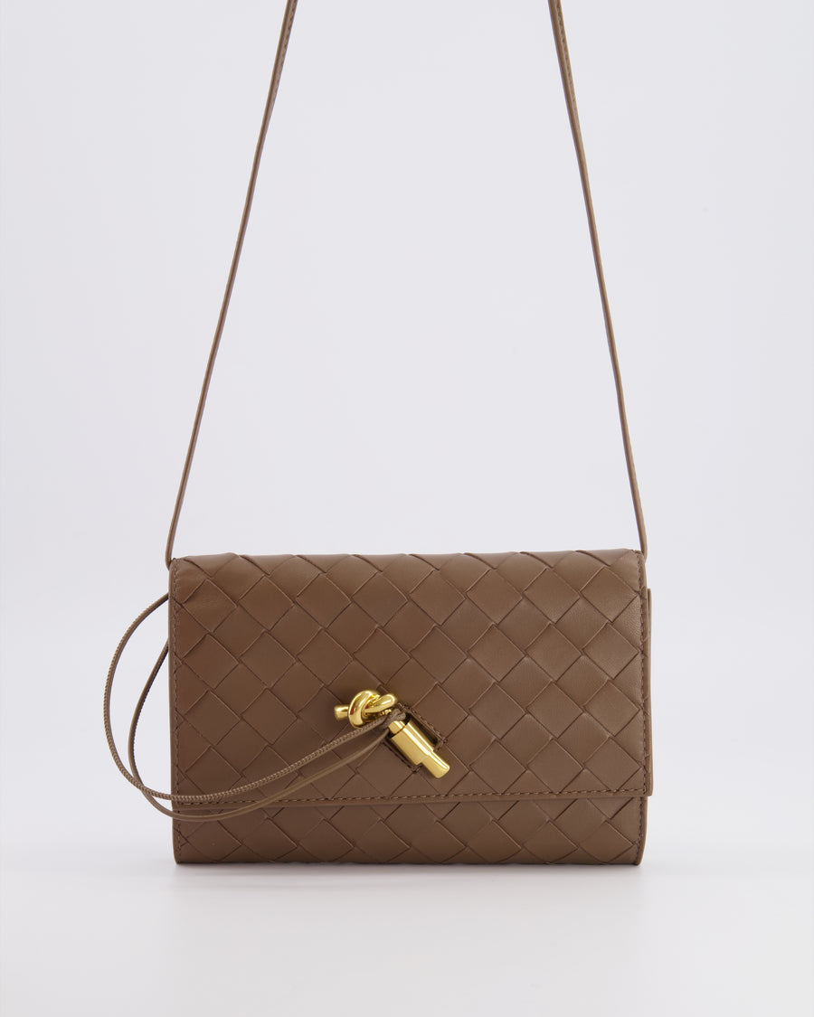 Bottega Veneta Brown Andiamo Pouch on Strap Bag in Pinecone Intrecciato Leather with Gold Hardware RRP £1,600