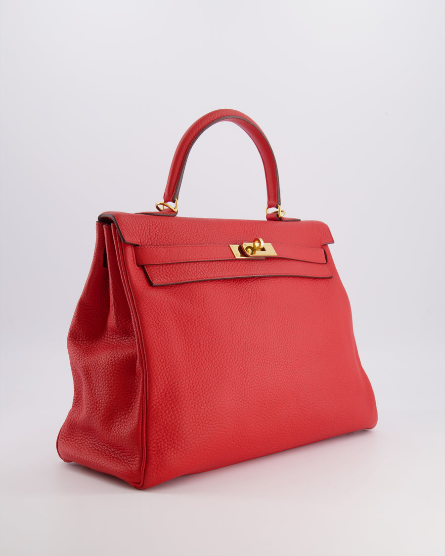 Hermès Kelly 35 Retourne Bag in Rouge Casaque Clemence Leather with Gold Hardware