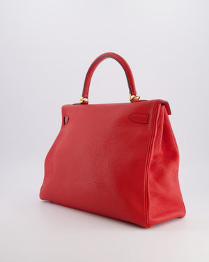 Hermès Kelly 35 Retourne Bag in Rouge Casaque Clemence Leather with Gold Hardware