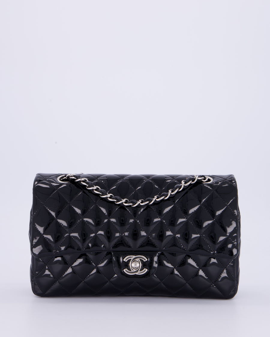 Chanel Medium Double Flap Bag in Black Patent Leather with Silver Hardware