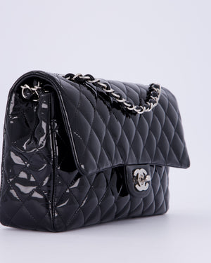 Chanel Medium Double Flap Bag in Black Patent Leather with Silver Hardware