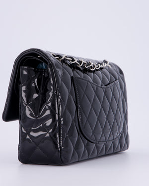 Chanel Medium Double Flap Bag in Black Patent Leather with Silver Hardware