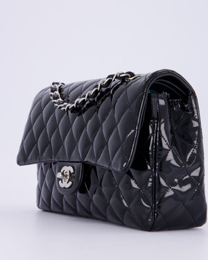 Chanel Medium Double Flap Bag in Black Patent Leather with Silver Hardware