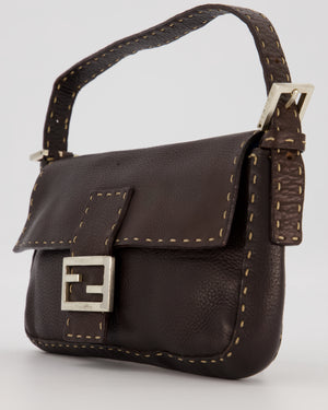 Fendi Selleria Brown Stitched Edge Baguette Bag in Cuoio Romano Leather with Silver Hardware