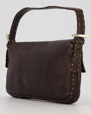 Fendi Selleria Brown Stitched Edge Baguette Bag in Cuoio Romano Leather with Silver Hardware