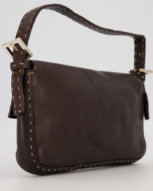 Fendi Selleria Brown Stitched Edge Baguette Bag in Cuoio Romano Leather with Silver Hardware