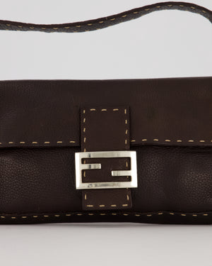 Fendi Selleria Brown Stitched Edge Baguette Bag in Cuoio Romano Leather with Silver Hardware
