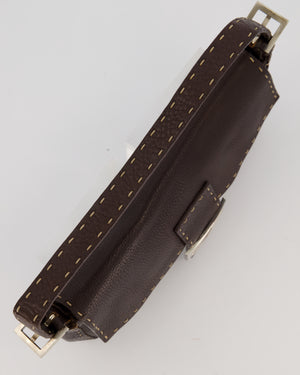 Fendi Selleria Brown Stitched Edge Baguette Bag in Cuoio Romano Leather with Silver Hardware