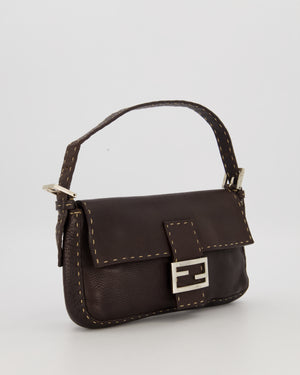 Fendi Selleria Brown Stitched Edge Baguette Bag in Cuoio Romano Leather with Silver Hardware