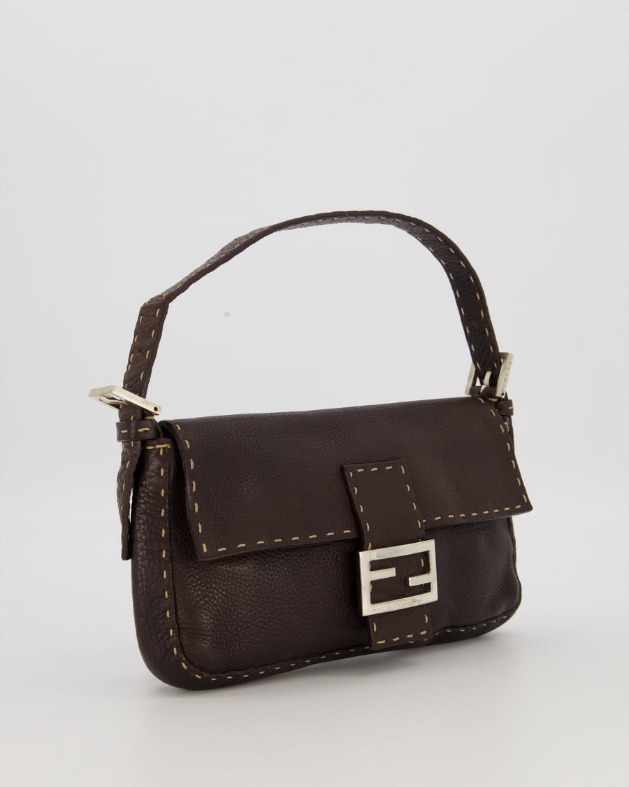 Fendi Selleria Brown Stitched Edge Baguette Bag in Cuoio Romano Leather with Silver Hardware