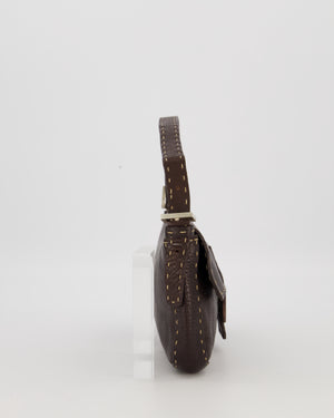 Fendi Selleria Brown Stitched Edge Baguette Bag in Cuoio Romano Leather with Silver Hardware