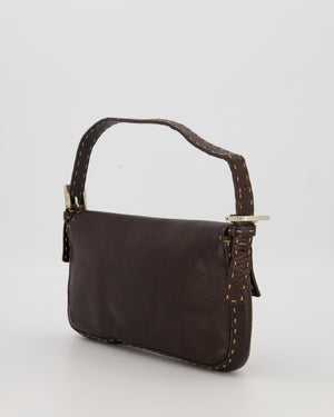 Fendi Selleria Brown Stitched Edge Baguette Bag in Cuoio Romano Leather with Silver Hardware