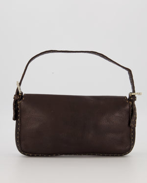 Fendi Selleria Brown Stitched Edge Baguette Bag in Cuoio Romano Leather with Silver Hardware
