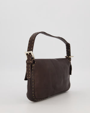 Fendi Selleria Brown Stitched Edge Baguette Bag in Cuoio Romano Leather with Silver Hardware