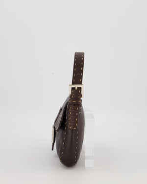 Fendi Selleria Brown Stitched Edge Baguette Bag in Cuoio Romano Leather with Silver Hardware
