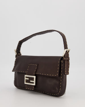 Fendi Selleria Brown Stitched Edge Baguette Bag in Cuoio Romano Leather with Silver Hardware