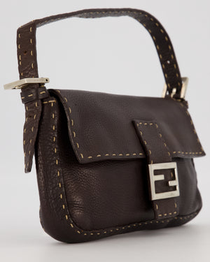 Fendi Selleria Brown Stitched Edge Baguette Bag in Cuoio Romano Leather with Silver Hardware