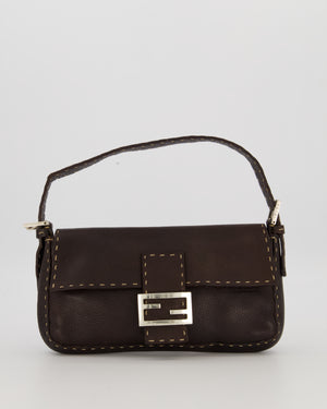 Fendi Selleria Brown Stitched Edge Baguette Bag in Cuoio Romano Leather with Silver Hardware