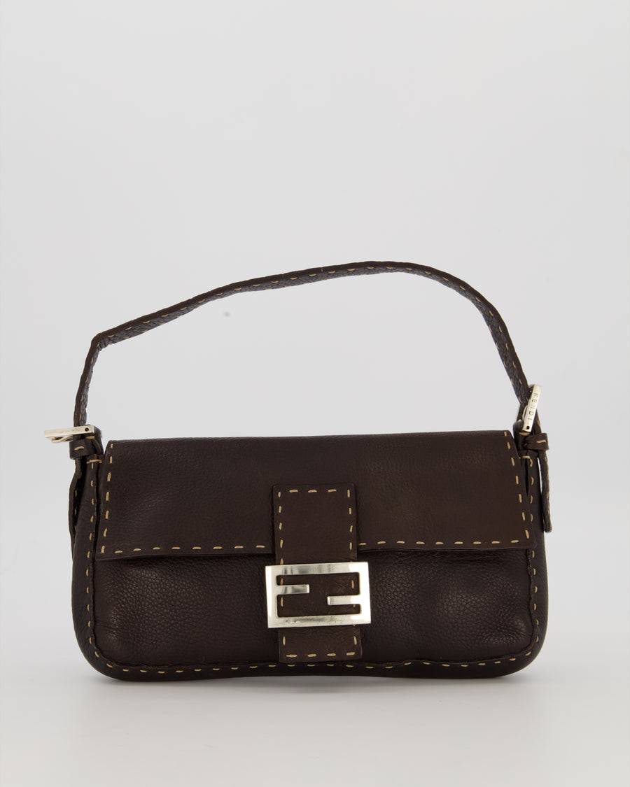 Fendi Selleria Brown Stitched Edge Baguette Bag in Cuoio Romano Leather with Silver Hardware