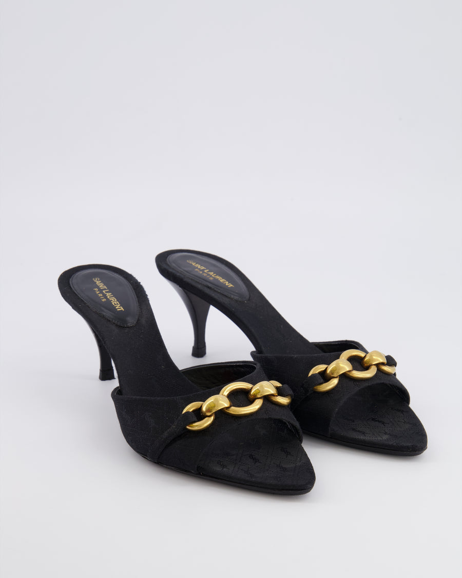 Saint Laurent Black Canvas Logo Printed Le Maillon Heeled Mules with Gold Chain Detail Size EU 39.5 RRP £900