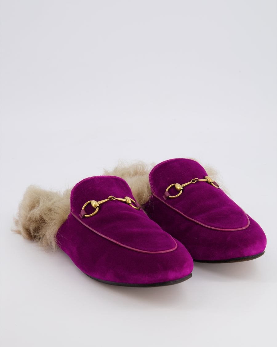 Gucci Purple Velvet Fur-Lined Princetown Mules with Gold Horsebit Hardware Size EU 39