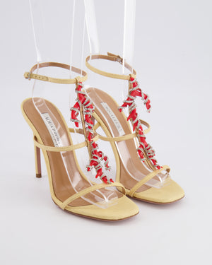 Aquazzura Beige Capri Crush Raffia Heeled Sandals with Crystal Embellished Coral Applique Size EU 39 RRP £1,400