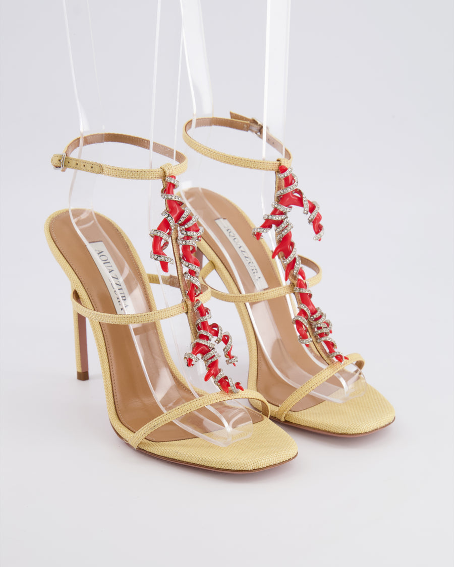 Aquazzura Beige Capri Crush Raffia Heeled Sandals with Crystal Embellished Coral Applique Size EU 39 RRP £1,400