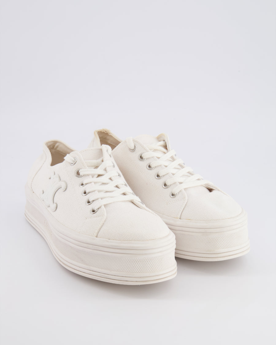 Celine White Canvas Jane Platform Trainers with Leather Triomphe Logo Detail Size EU 39