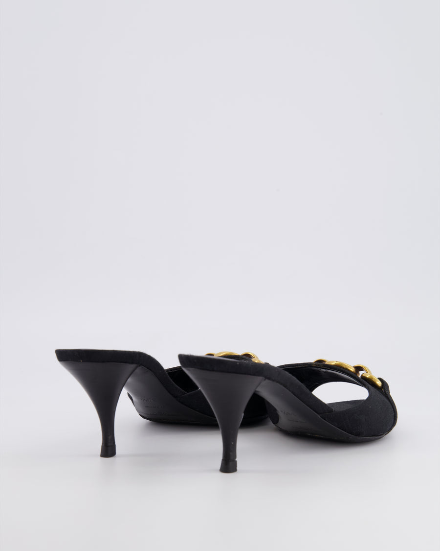 Saint Laurent Black Canvas Logo Printed Le Maillon Heeled Mules with Gold Chain Detail Size EU 39.5 RRP £900