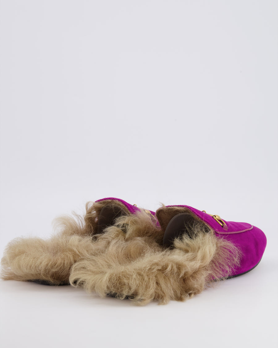 Gucci Purple Velvet Fur-Lined Princetown Mules with Gold Horsebit Hardware Size EU 39