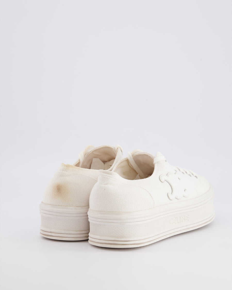 Celine White Canvas Jane Platform Trainers with Leather Triomphe Logo Detail Size EU 39